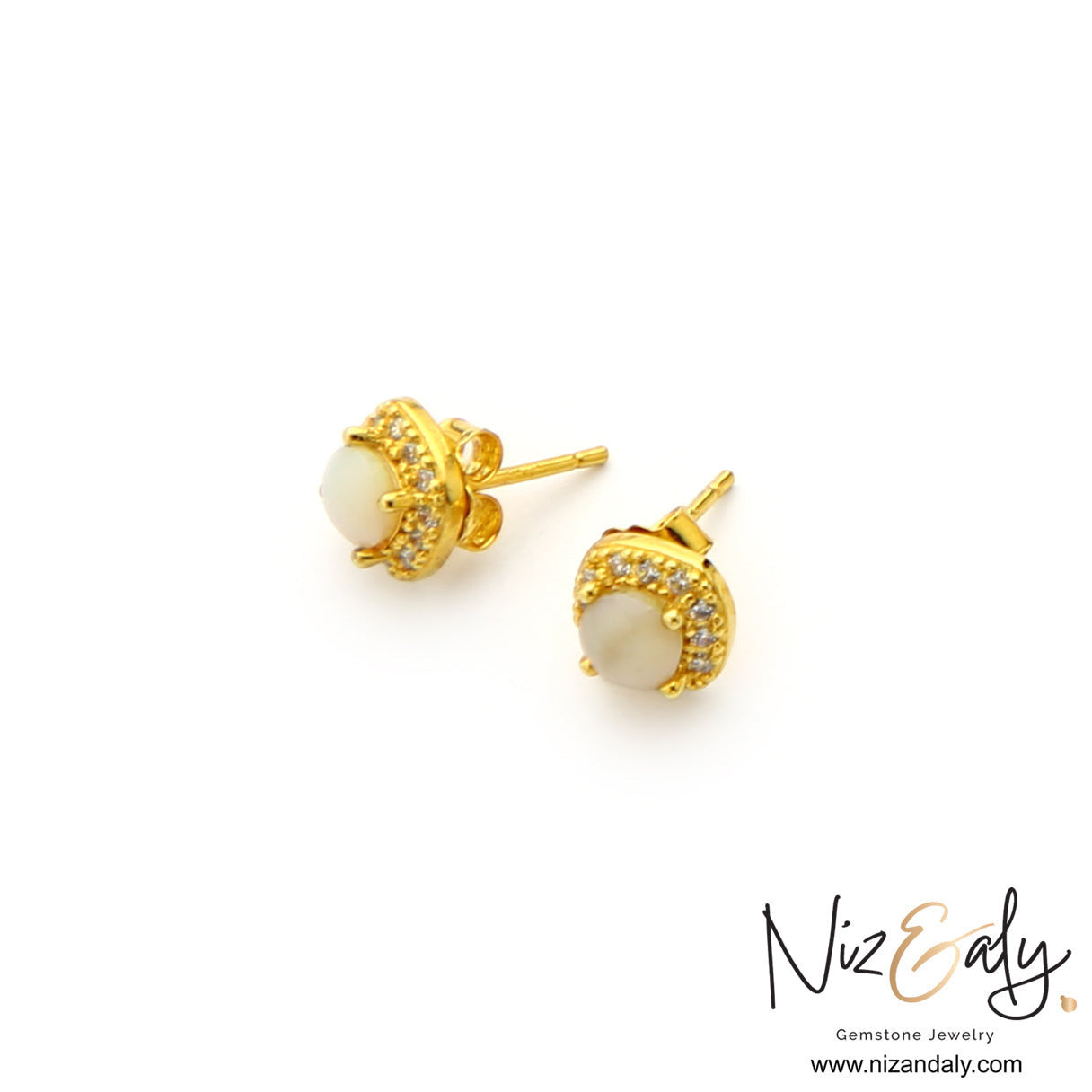 Niz & Aly gold-plated sterling silver stud earrings featuring round Australian white opals with clear stone halos.