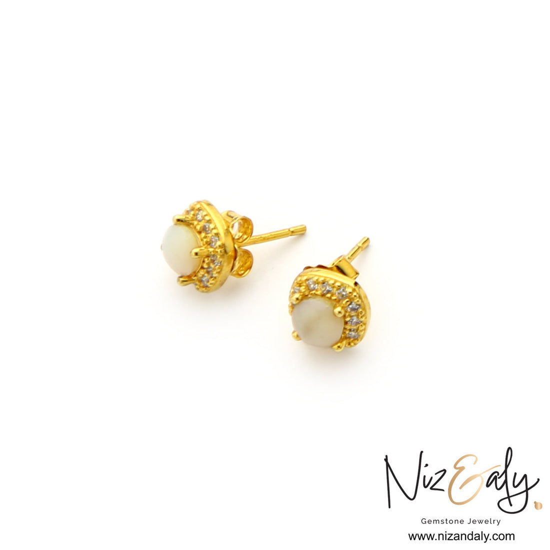 Niz & Aly gold-plated sterling silver stud earrings featuring round Australian white opals with clear stone halos.