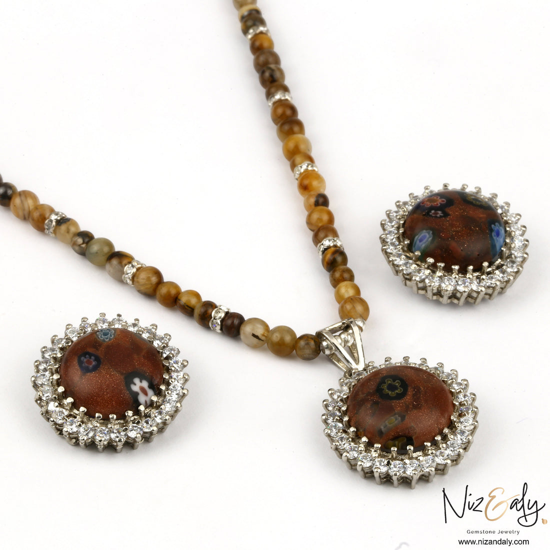 Niz & Aly gold orgonite pendant necklace and earring set with brown tiger's eye beads and sparkling crystal accents.