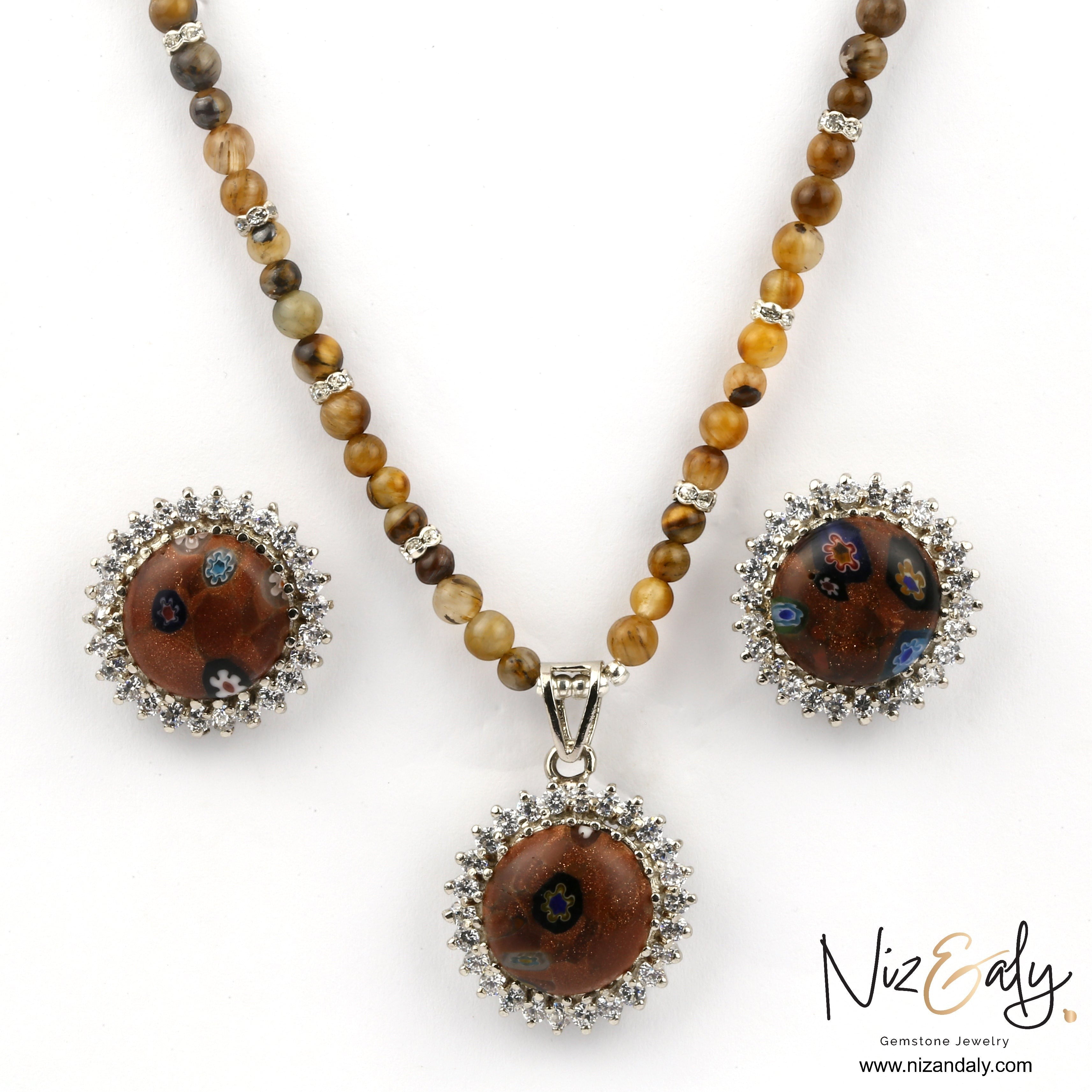 Niz & Aly gold orgonite pendant and earring set with tiger's eye beads and sparkling crystal accents
