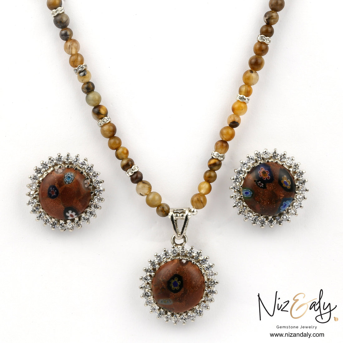 Niz & Aly gold orgonite pendant and earring set with tiger's eye beads and sparkling crystal accents