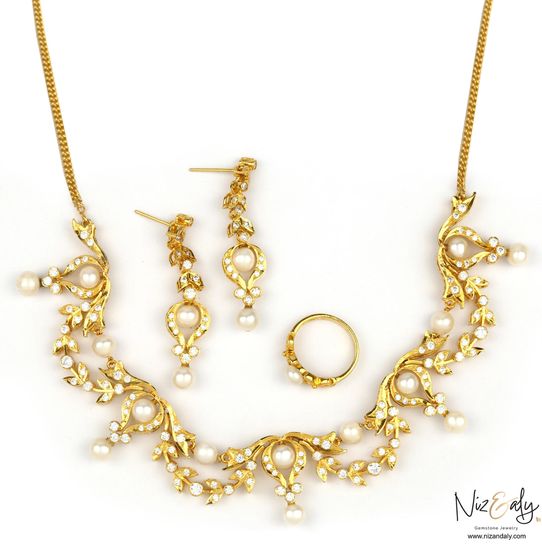 Niz & Aly gold-plated sterling silver bridal necklace set with freshwater pearls and sparkling crystal accents