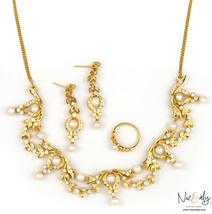 Niz & Aly gold-plated sterling silver bridal necklace set with freshwater pearls and sparkling crystal accents