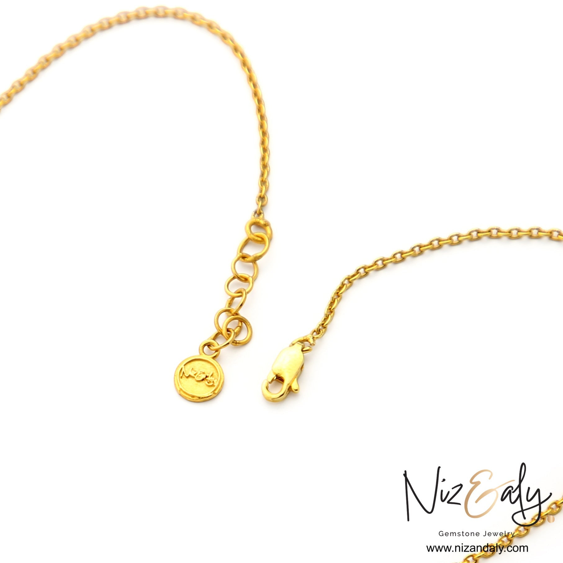 Niz & Aly gold-plated sterling silver necklace chain with adjustable links and a branded logo charm clasp.