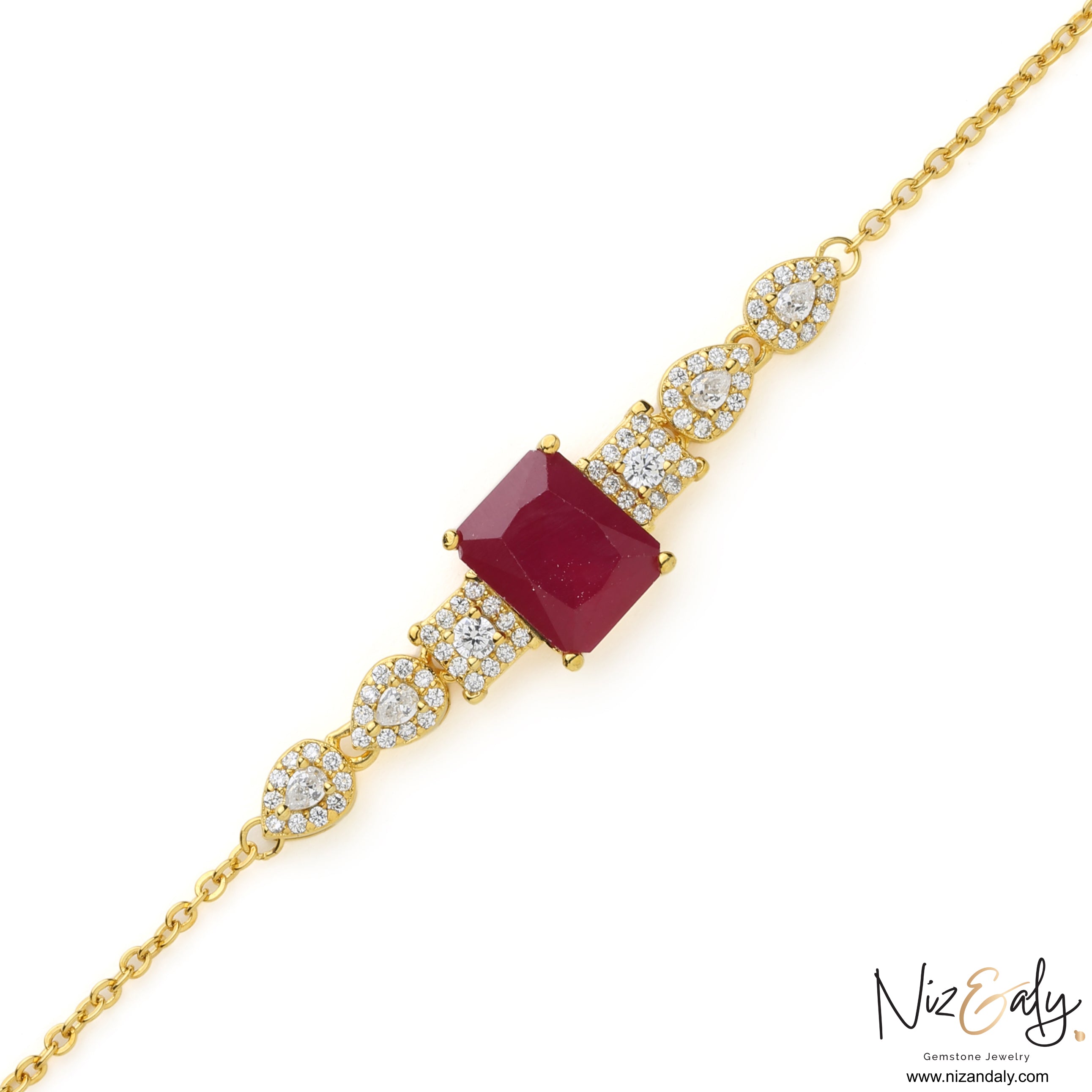 Niz & Aly gold bracelet featuring a large square composite ruby stone surrounded by sparkling white accent diamonds.