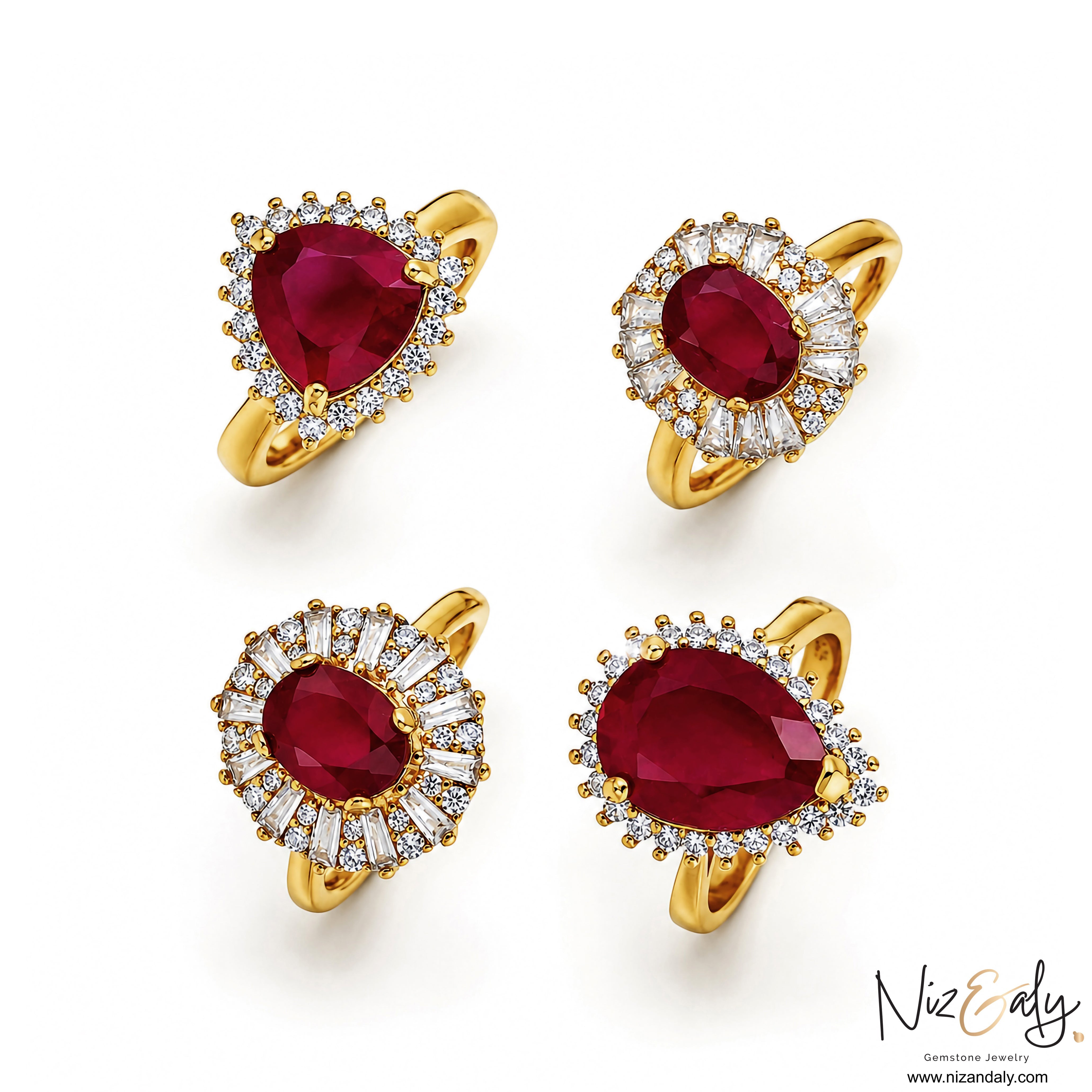 Niz & Aly collection of four gold ruby rings featuring pear and oval cut natural rubies surrounded by diamond halos.