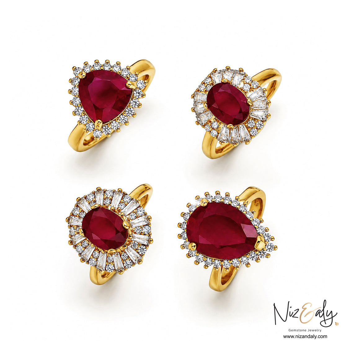 Niz & Aly collection of four gold ruby rings featuring pear and oval cut natural rubies surrounded by diamond halos.