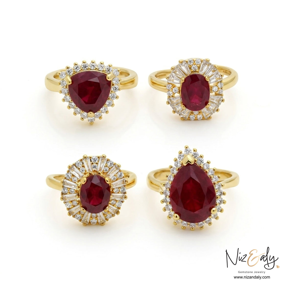 Niz & Aly collection of four gold ruby rings featuring oval, pear, and triangular cuts with diamond halos.