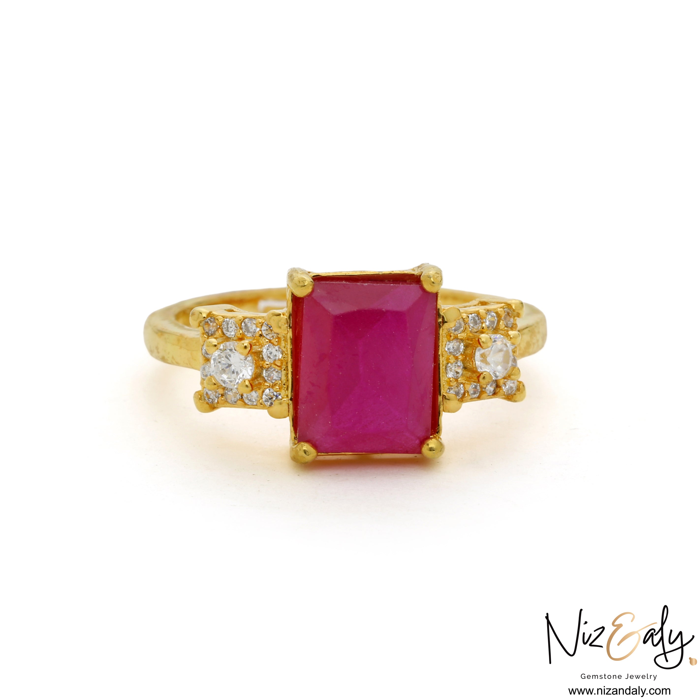 Niz & Aly gold ring featuring a rectangular composite ruby gemstone flanked by sparkling white accent stones
