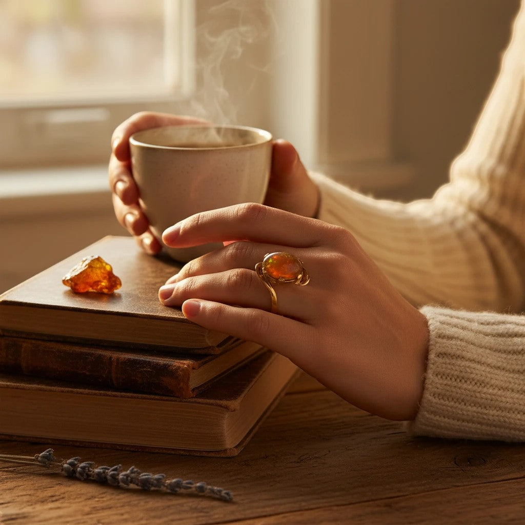 Niz & Aly golden fire opal adjustable ring in gold-plated sterling silver worn on a hand resting on vintage books.