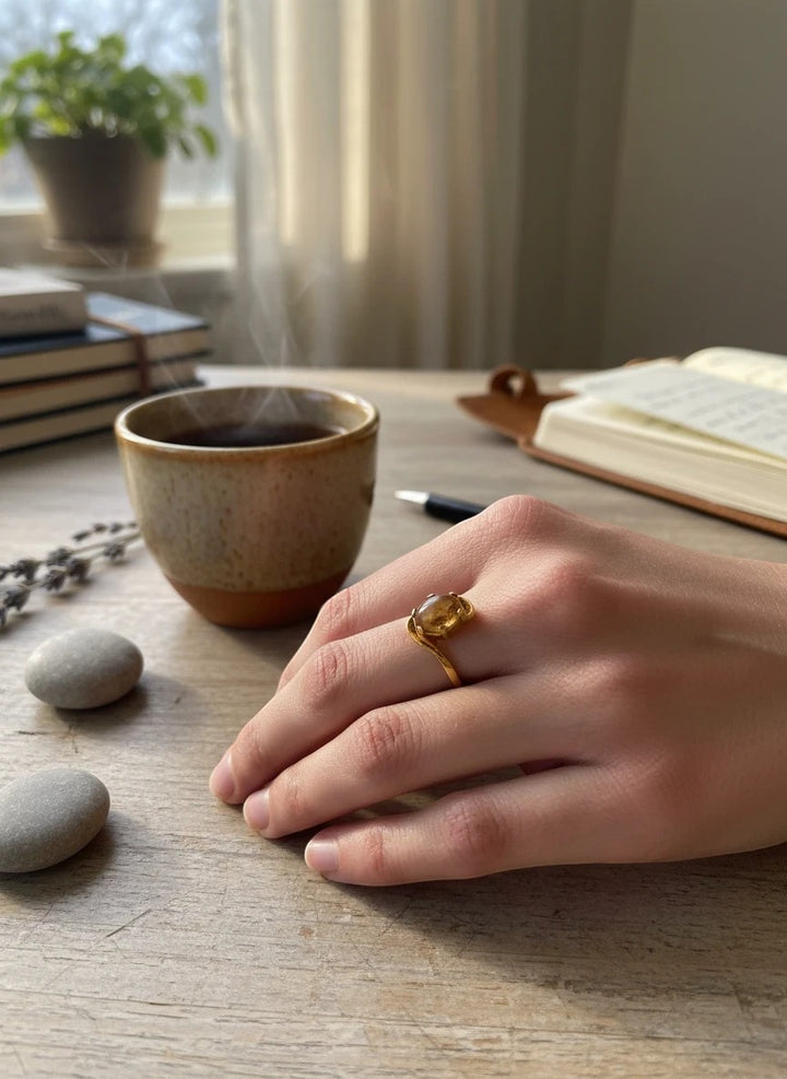 Niz & Aly golden fire opal adjustable ring in gold-plated sterling silver worn on a hand near a steaming coffee cup.
