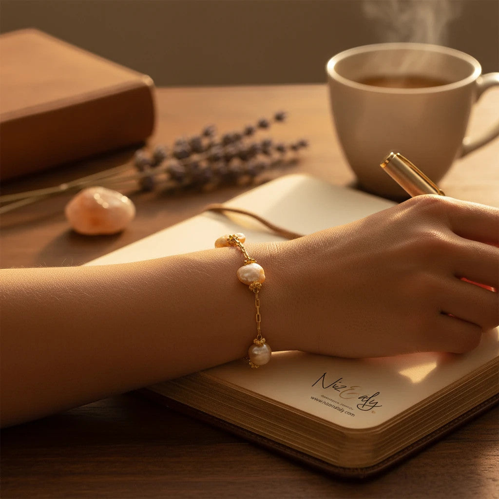 Niz & Aly golden pearl bracelet with irregular freshwater pearls on a sterling silver chain worn on a woman's wrist