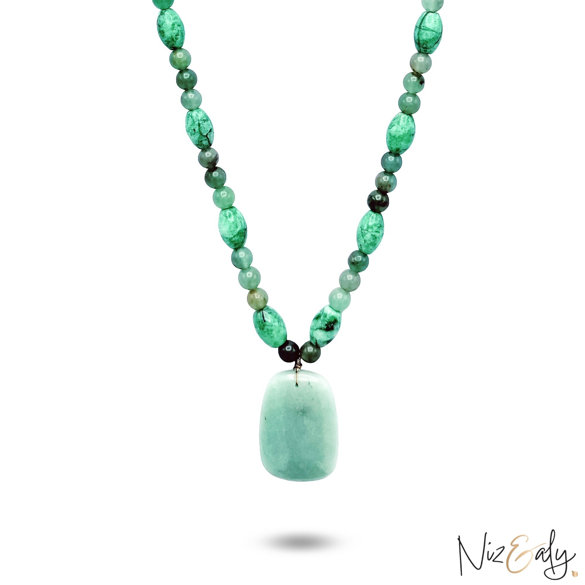 Niz & Aly green aventurine and agate beaded necklace featuring a large, smooth polished gemstone pendant.