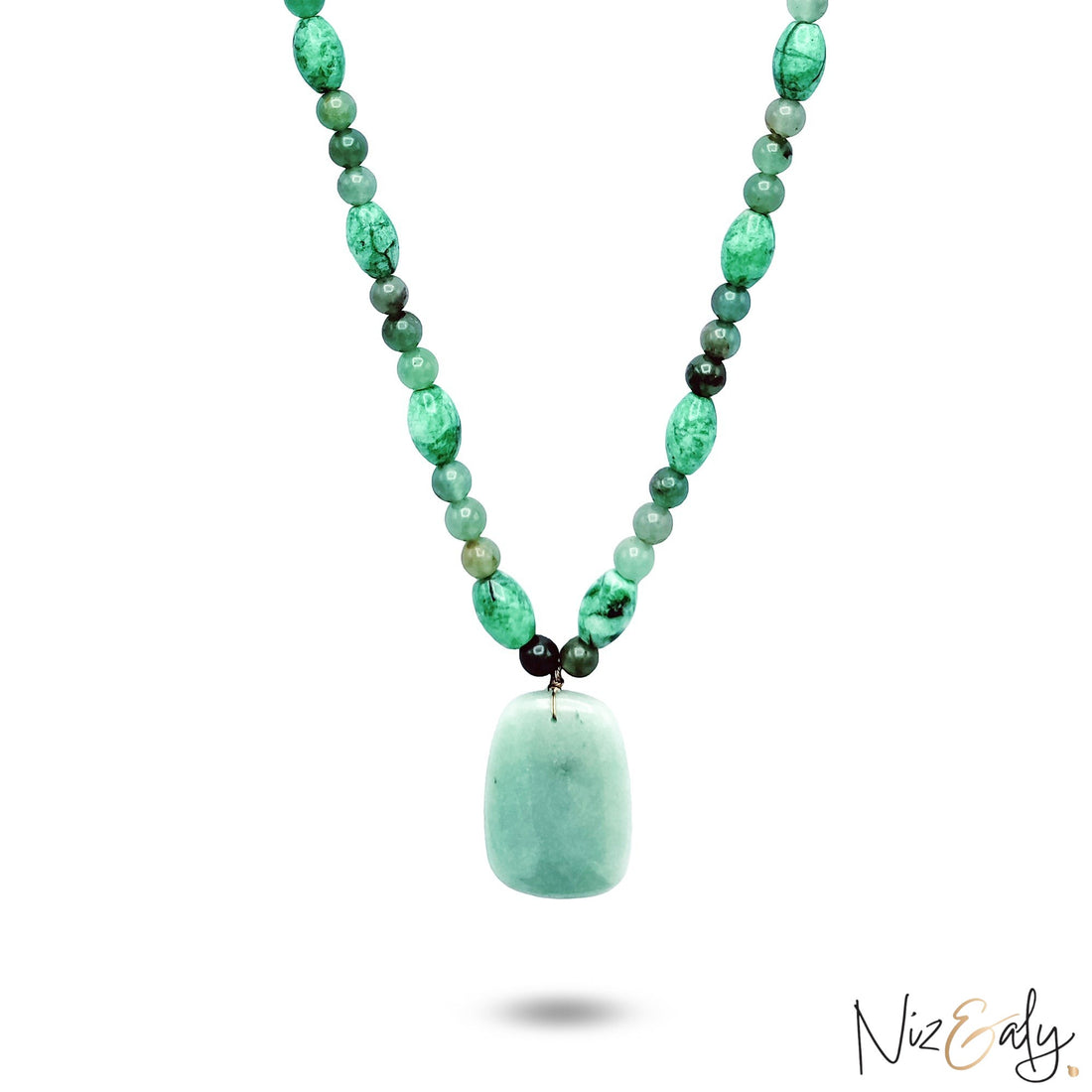 Niz & Aly green aventurine and agate beaded necklace featuring a large, smooth polished gemstone pendant.