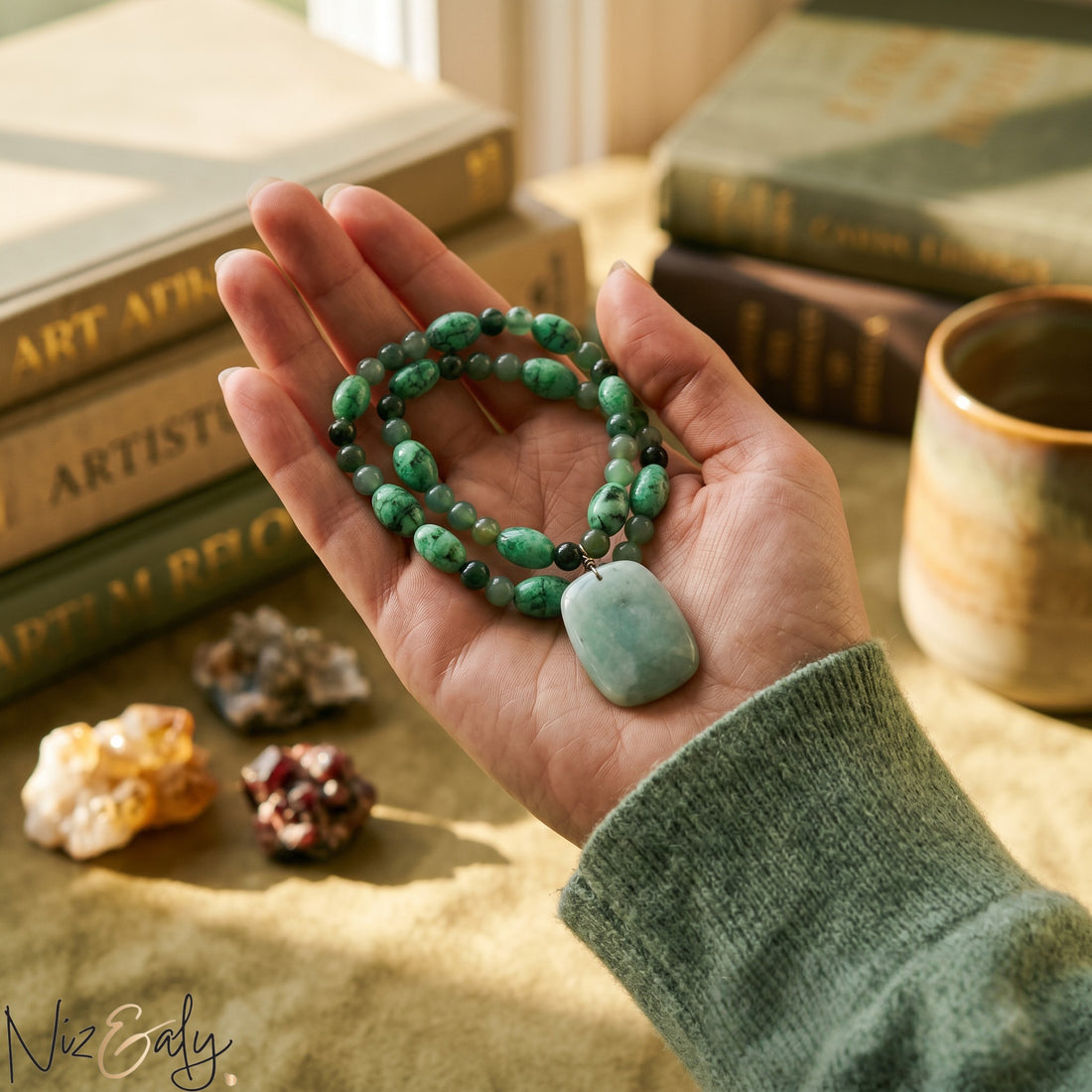 Niz & Aly green aventurine and agate pendant necklace held in a hand, featuring smooth beads and a polished stone.