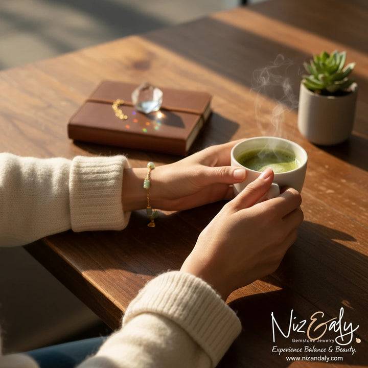 Niz & Aly green aventurine bracelet with gold-plated sterling silver beads worn by a person holding a matcha tea.