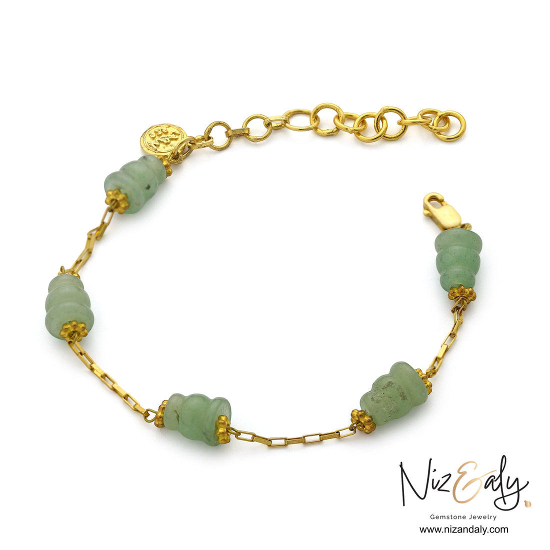 Niz & Aly green aventurine bracelet featuring natural stone beads on a gold-plated sterling silver chain.