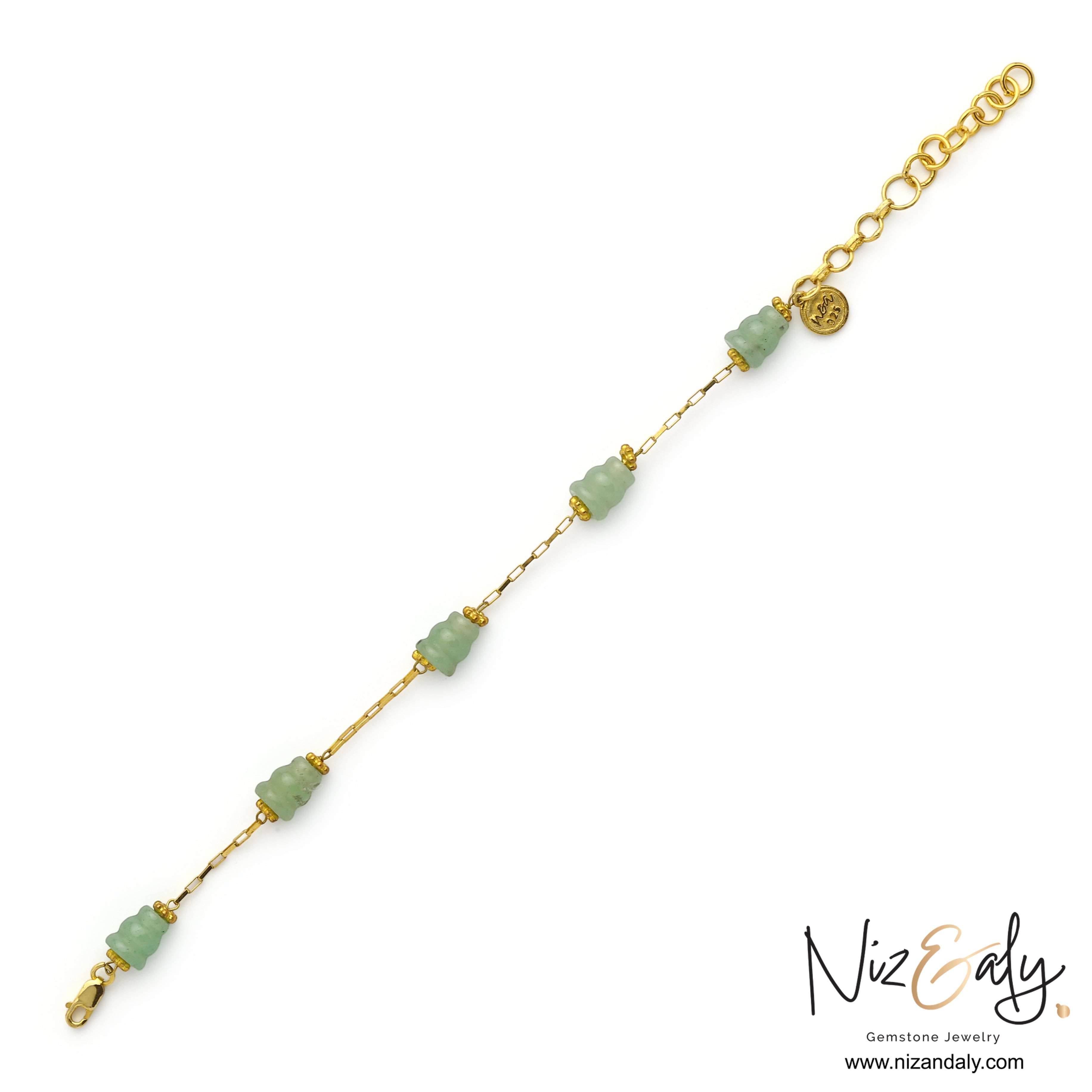 Niz & Aly green aventurine bead bracelet on a delicate gold-plated sterling silver chain with a branded charm.