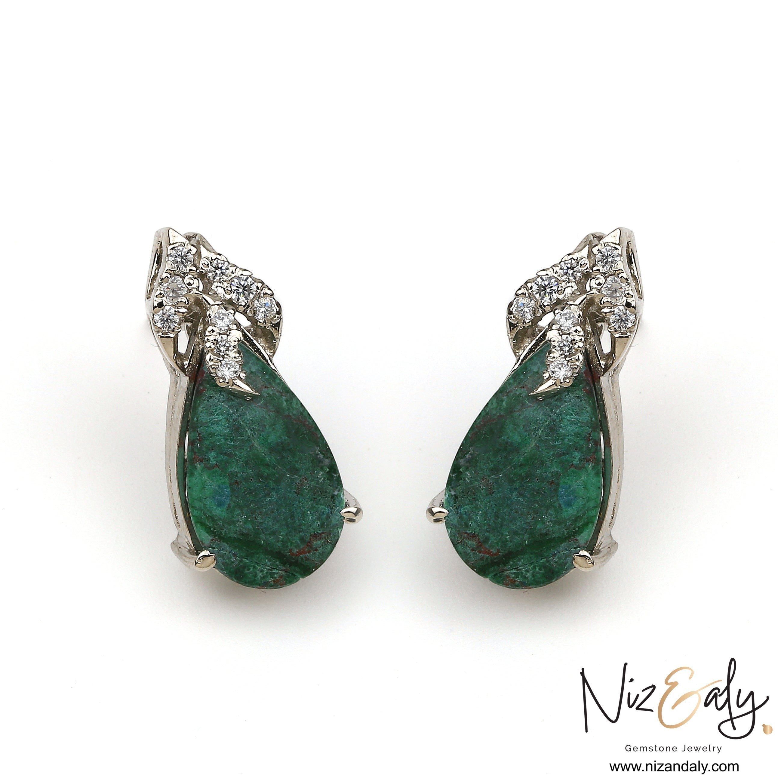 Niz & Aly pear-shaped green chrysocolla stud earrings with sparkling accent stones set in polished sterling silver.