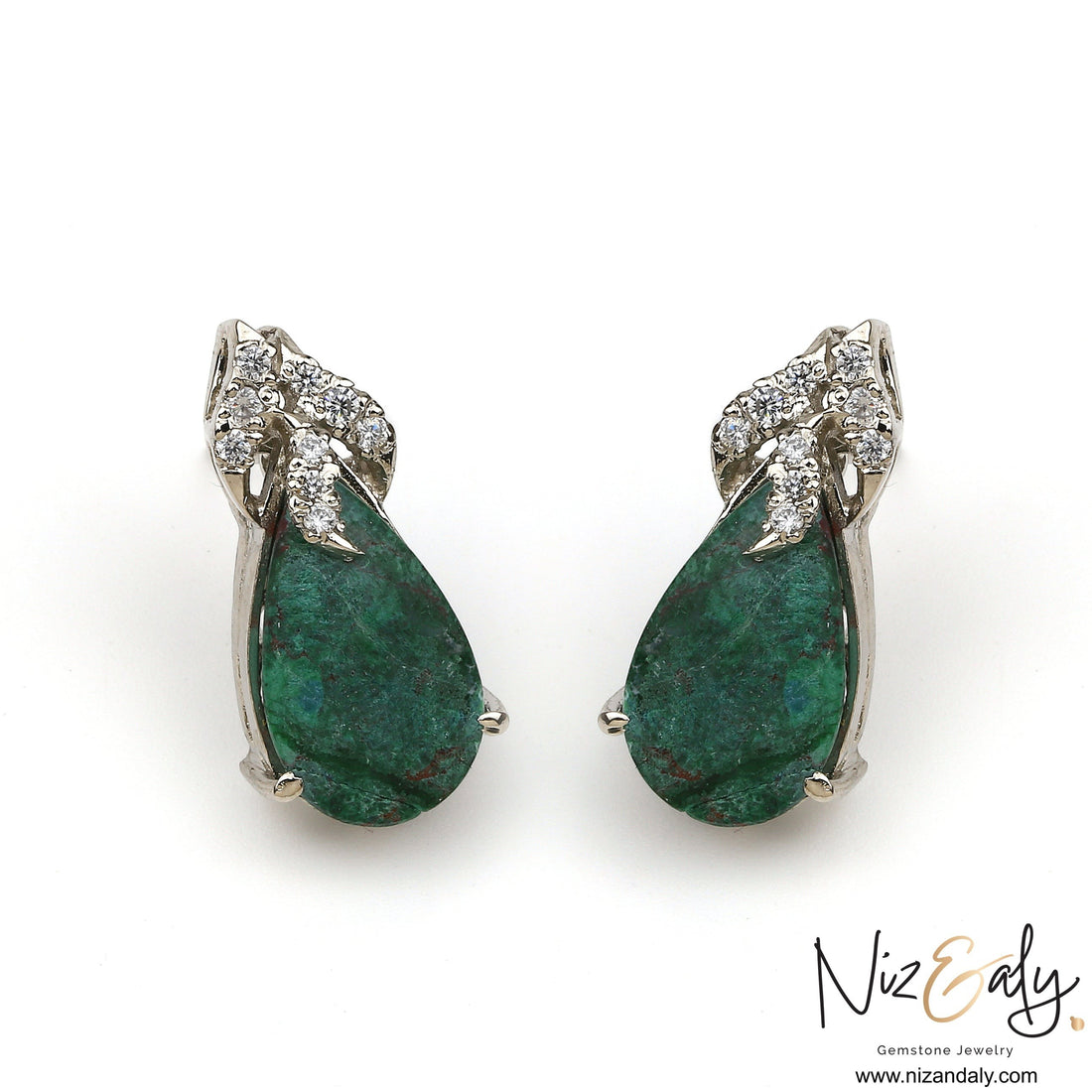 Niz & Aly pear-shaped green chrysocolla stud earrings with sparkling accent stones set in polished sterling silver.