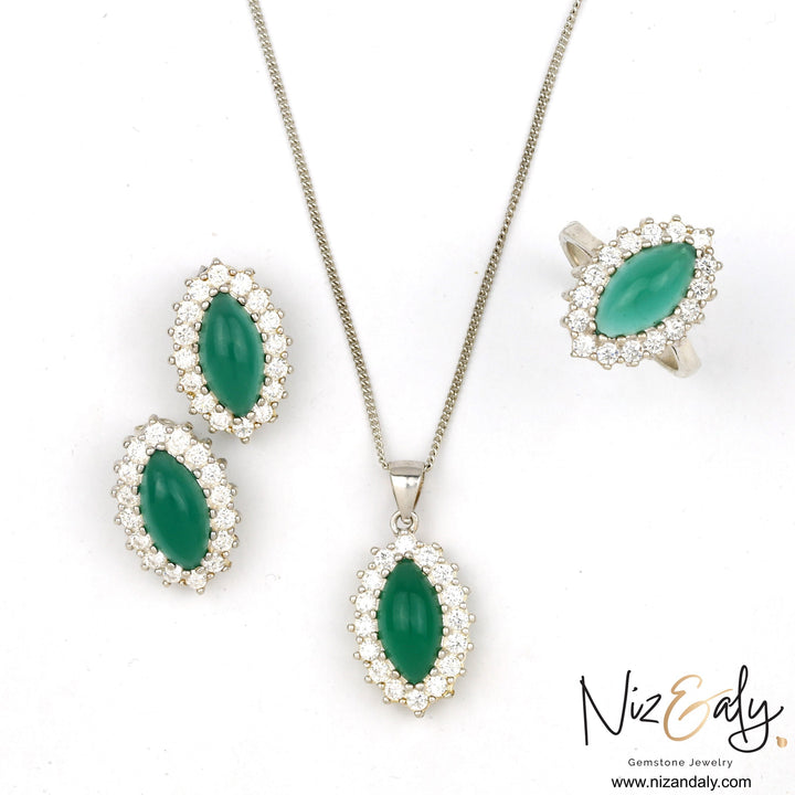 Niz & Aly marquise cut green chrysoprase pendant, ring, and earring jewelry set with sparkling white stone halos.
