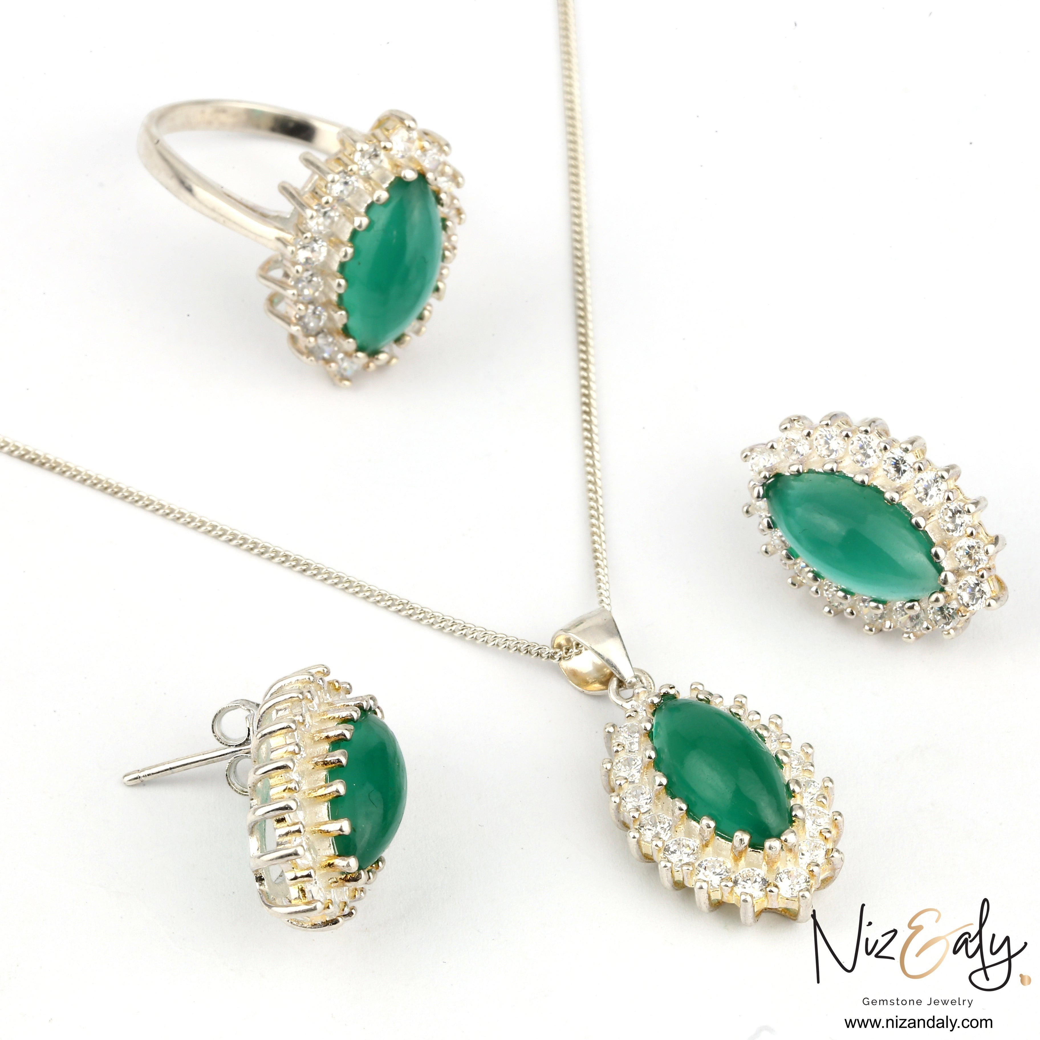 Niz & Aly marquise cut green chrysoprase pendant, ring, and earring set with sparkling white stone halo accents.