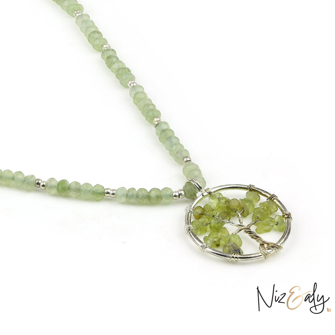 Niz & Aly light green gemstone bead necklace featuring a circular wire-wrapped tree of life pendant