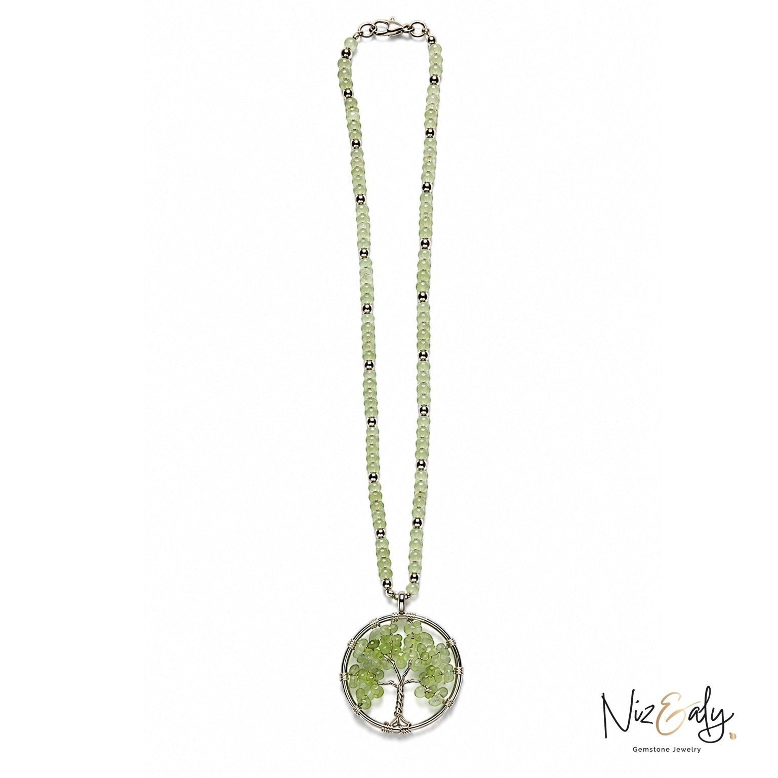 Niz & Aly light green gemstone bead necklace featuring a silver wire-wrapped tree of life pendant on a white background