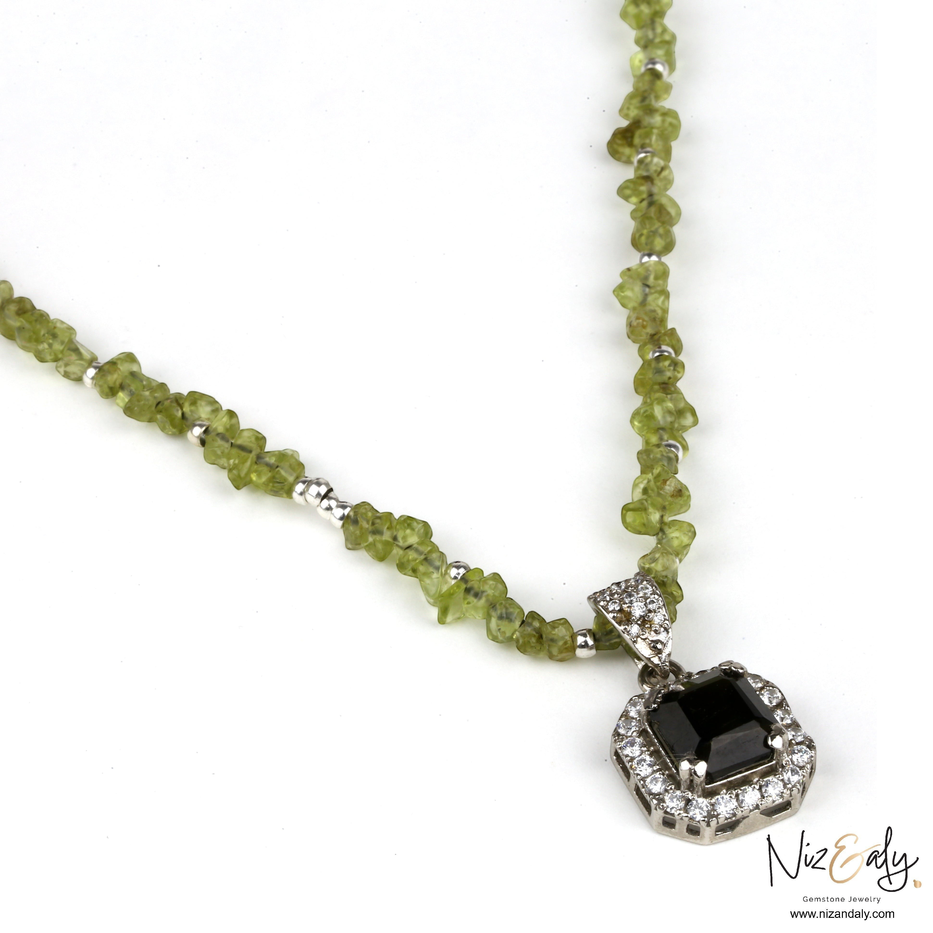 Niz & Aly green tourmaline pendant necklace with a peridot gemstone beaded chain and diamond halo setting