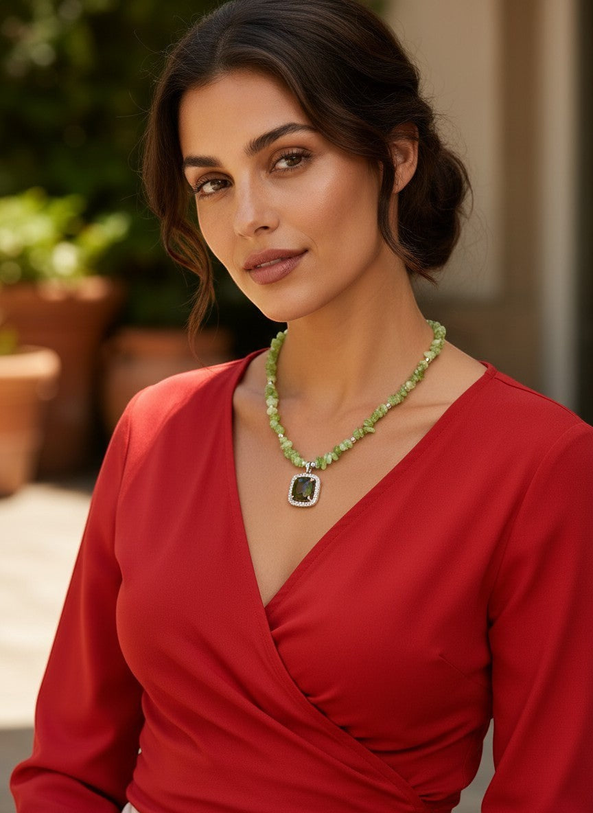 Niz & Aly green tourmaline pendant necklace with peridot gemstone strand worn by a woman in a red dress.