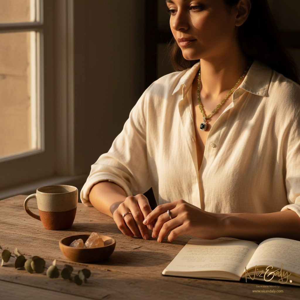 Niz & Aly green tourmaline pendant on a peridot gemstone chain worn by a woman sitting at a wooden table.