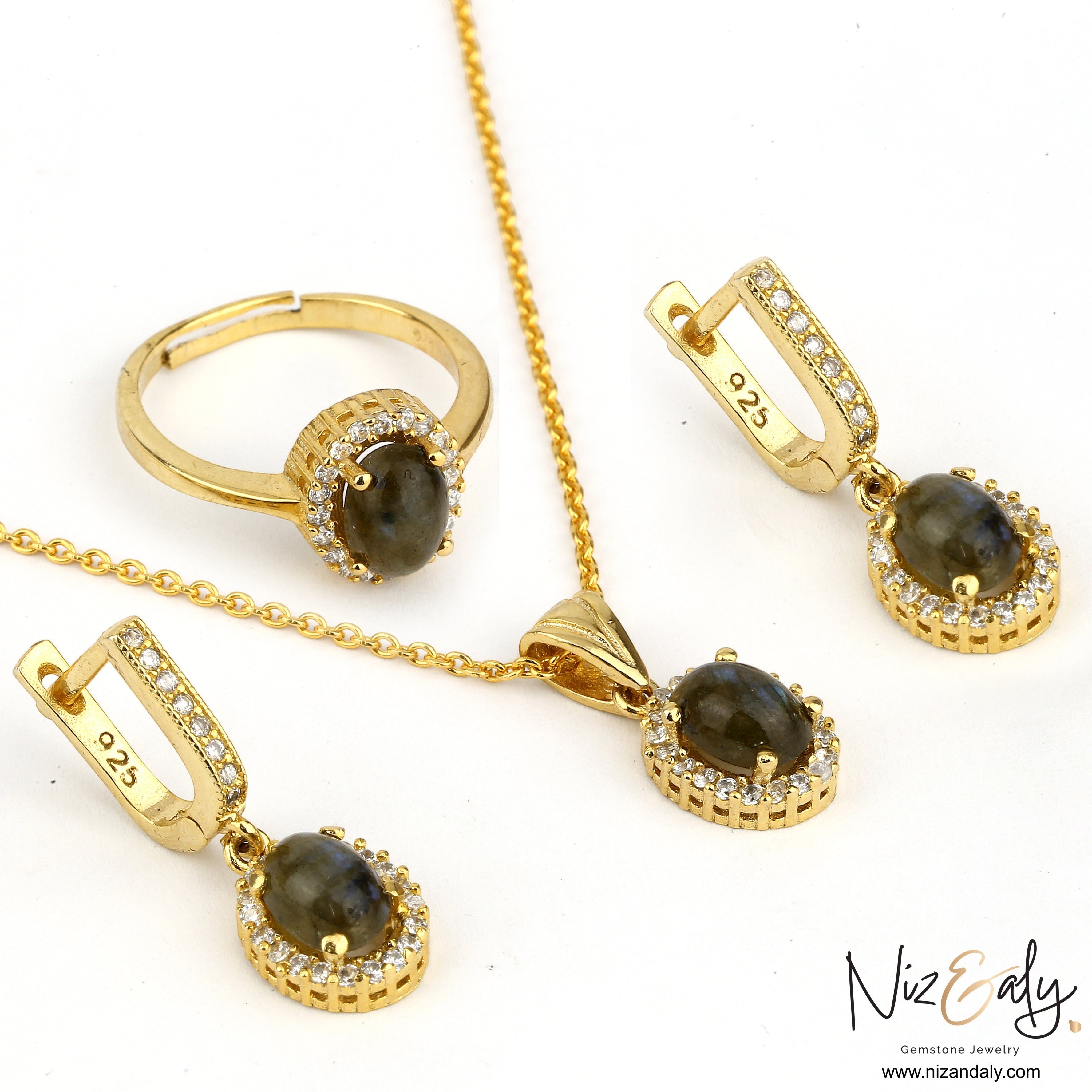 Niz & Aly dainty oval fire labradorite pendant, ring, and earring set in gold-plated 925 silver with crystal halos.