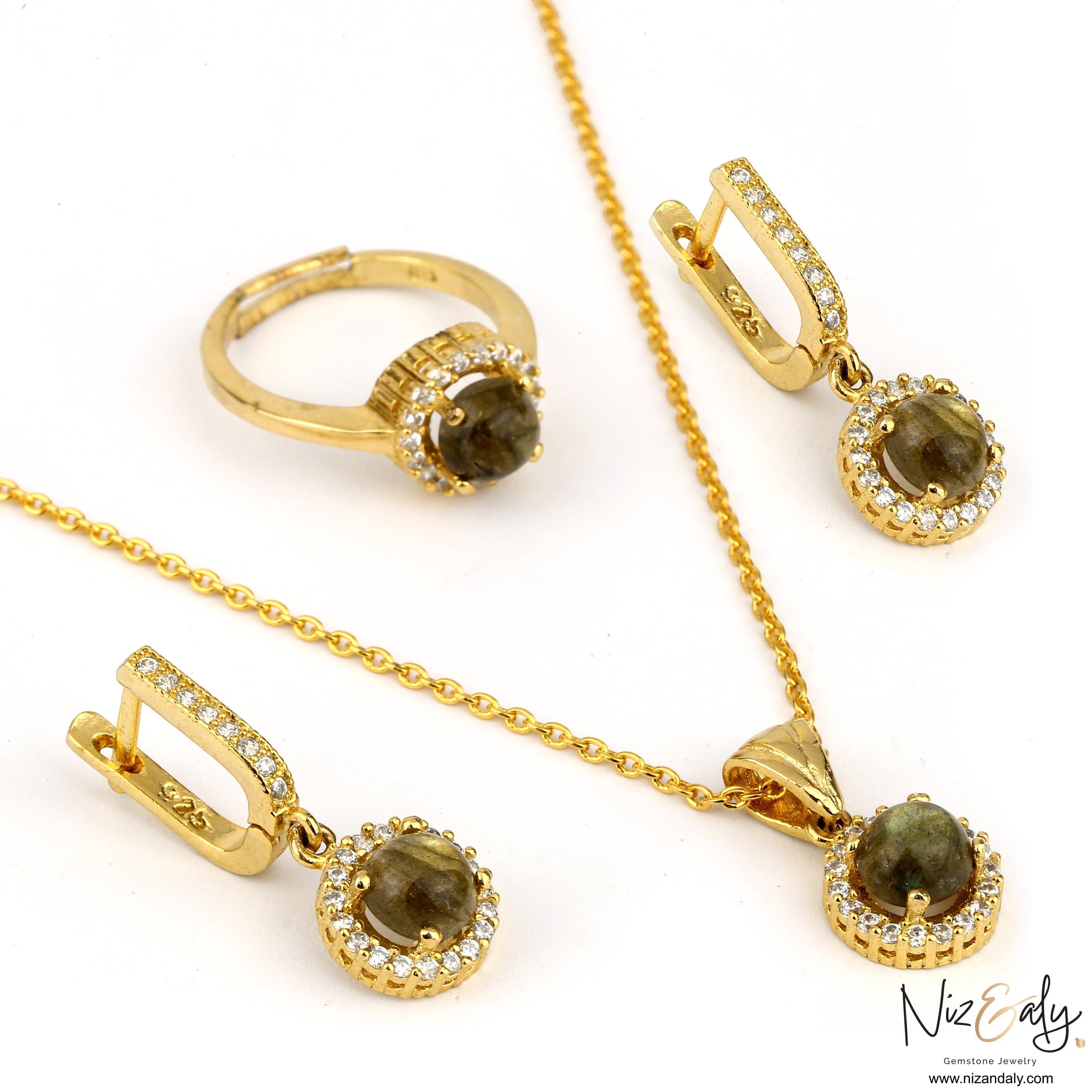 Niz & Aly gold plated jewelry set featuring round labradorite stones surrounded by sparkling cubic zirconia crystals.