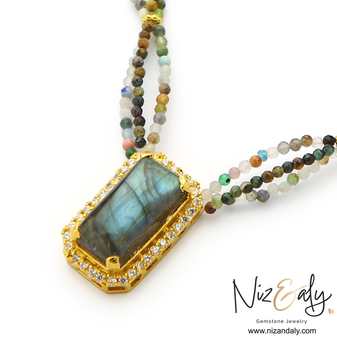 Niz & Aly rectangular labradorite pendant necklace with a diamond halo on a multi-strand tourmaline bead chain.