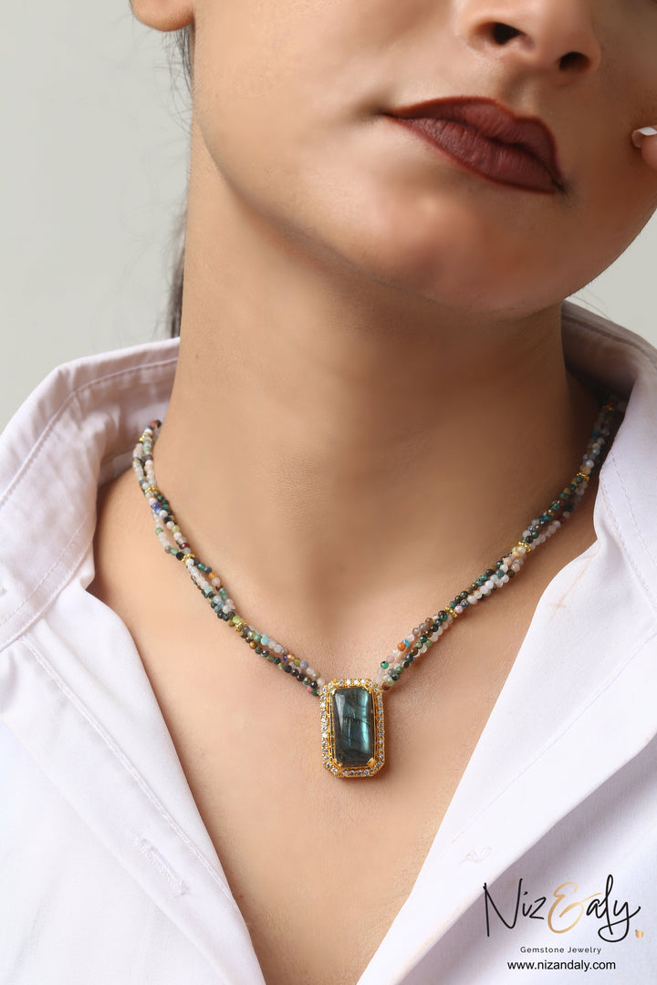Niz & Aly rectangular labradorite pendant necklace with gold frame and multi-colored tourmaline beaded strands
