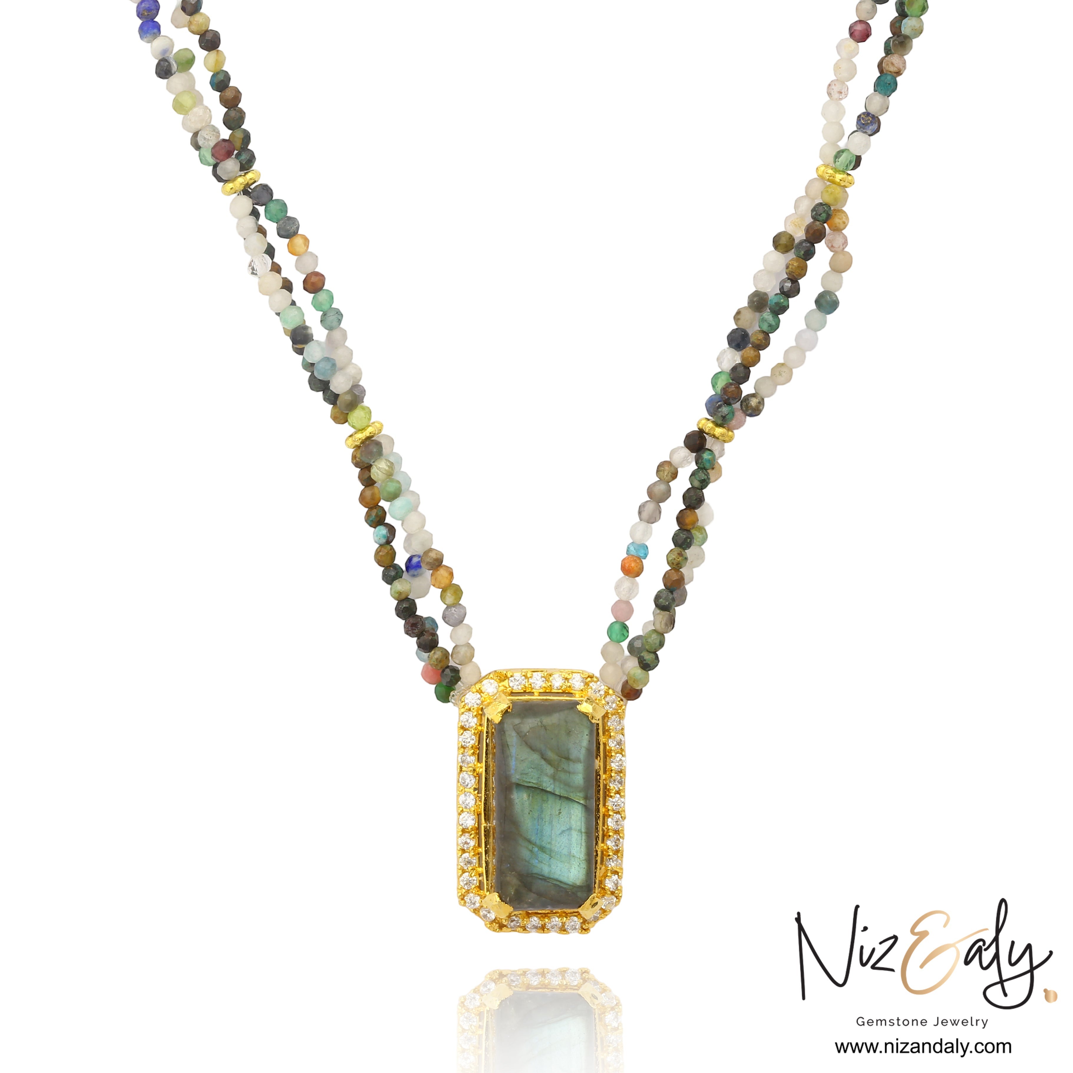 Niz & Aly labradorite solitaire pendant necklace with a gold halo, featuring multi-colored tourmaline beaded strands.