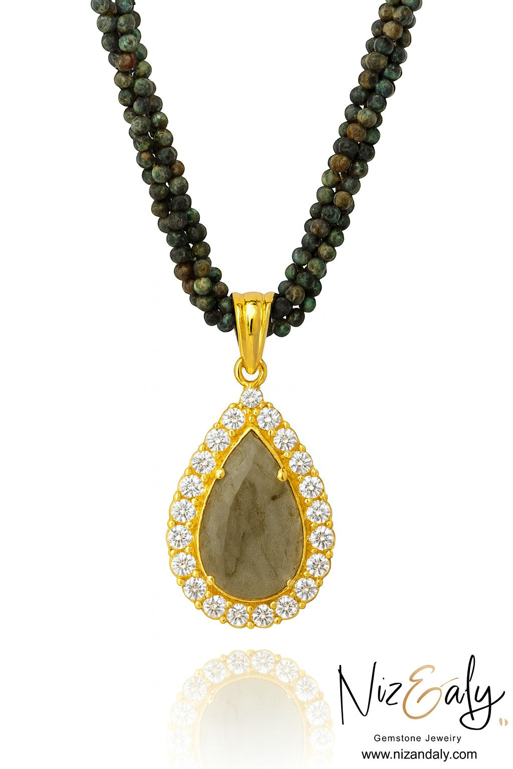 Niz & Aly Twilight Talisman labradorite teardrop pendant necklace with micro African turquoise beads and gold setting.