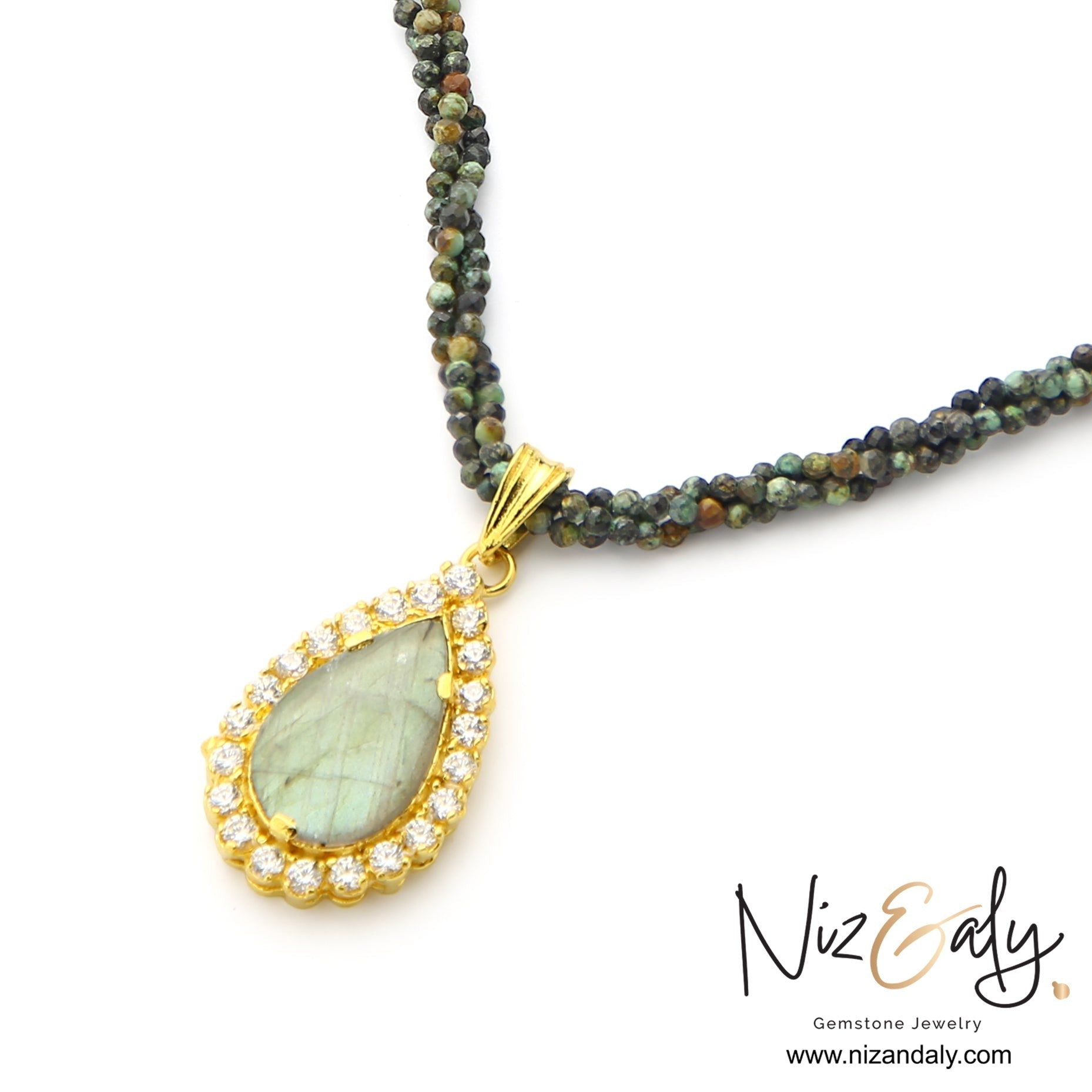 Niz & Aly Twilight Talisman labradorite teardrop pendant necklace with micro African turquoise beads and gold setting.