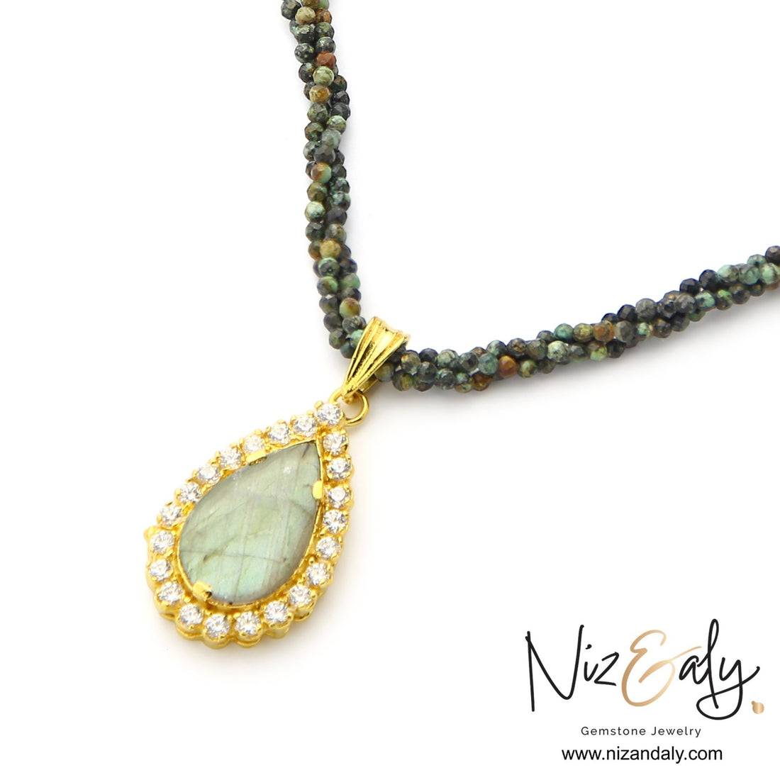 Niz & Aly Twilight Talisman labradorite teardrop pendant necklace with micro African turquoise beads and gold setting.