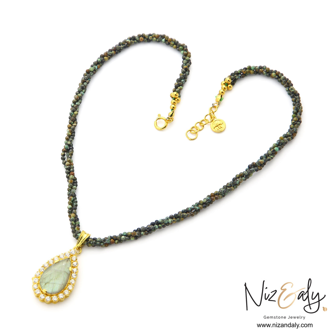 Niz & Aly Twilight Talisman labradorite teardrop pendant necklace with micro African turquoise beaded strands
