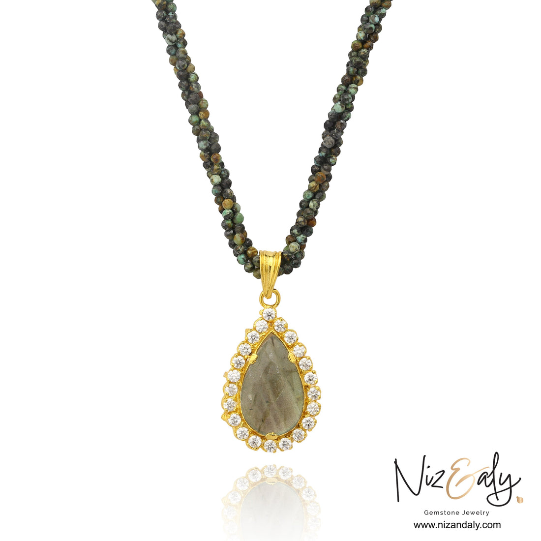 Niz & Aly Twilight Talisman labradorite teardrop pendant necklace with micro African turquoise beads and clear stones.