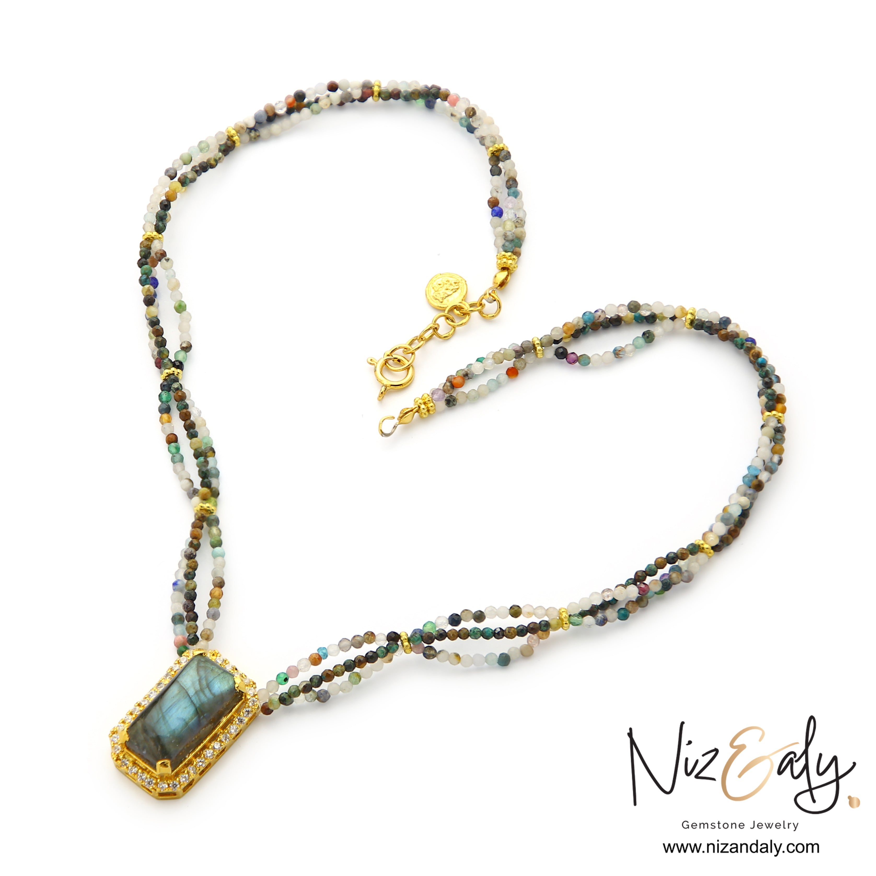 Niz & Aly rectangular labradorite pendant necklace with gold frame and multi-colored tourmaline beaded strands.