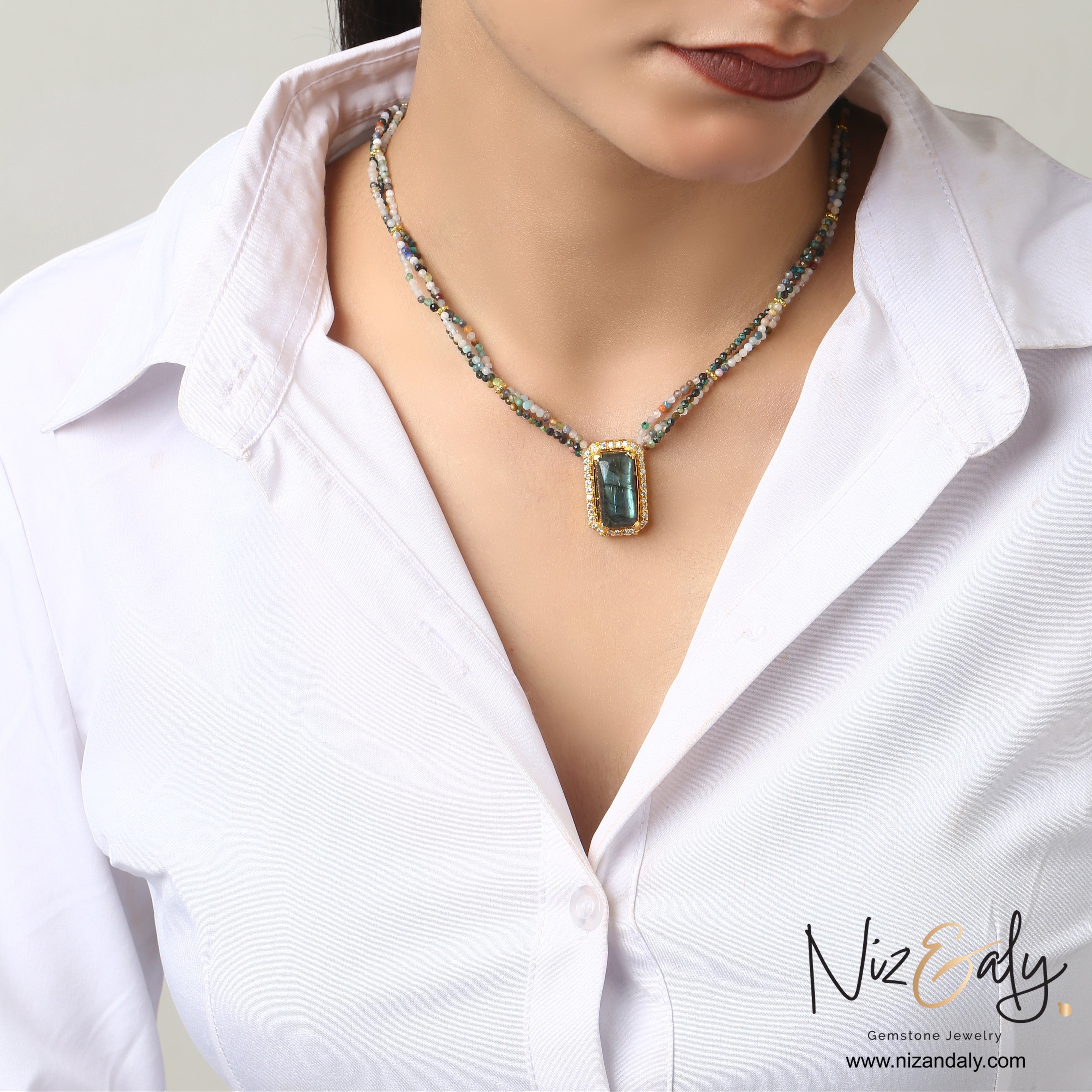 Niz & Aly rectangular labradorite pendant necklace with gold frame and multi-colored tourmaline beaded strands