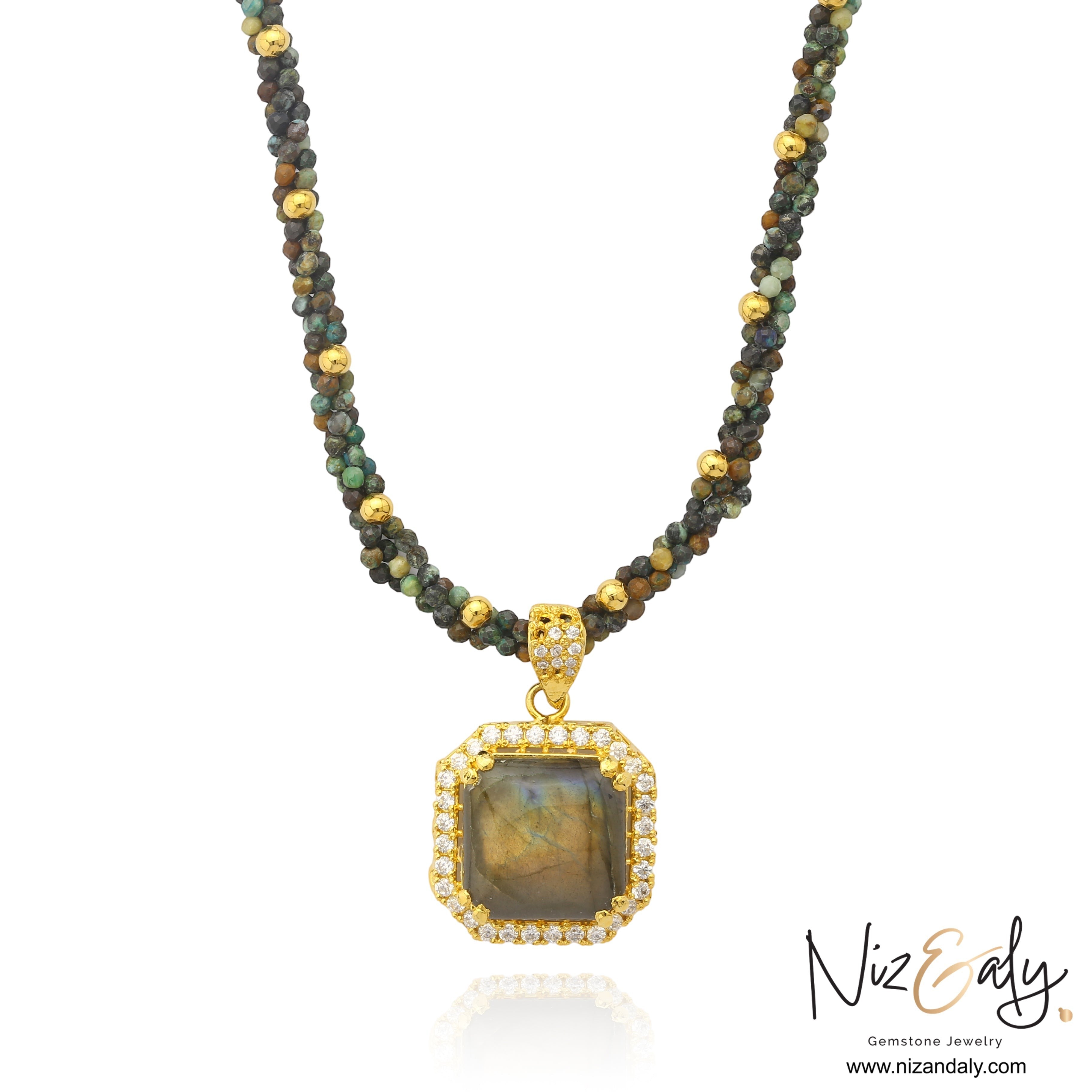 Niz & Aly square labradorite statement necklace with twisted turquoise bead strands and gold accents in boho style.