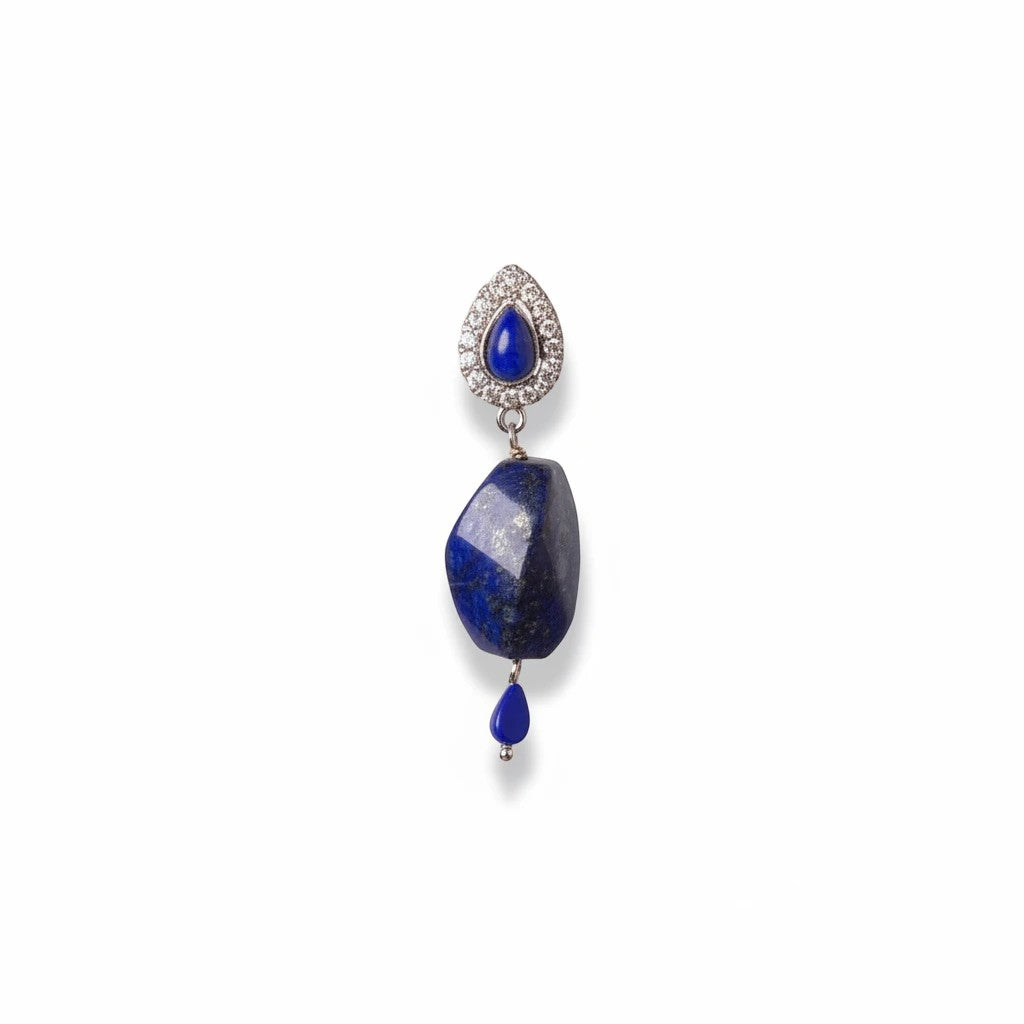 Niz & Aly lapis lazuli drop earring with a teardrop stone, diamond halo setting, and polished blue gemstone dangle.