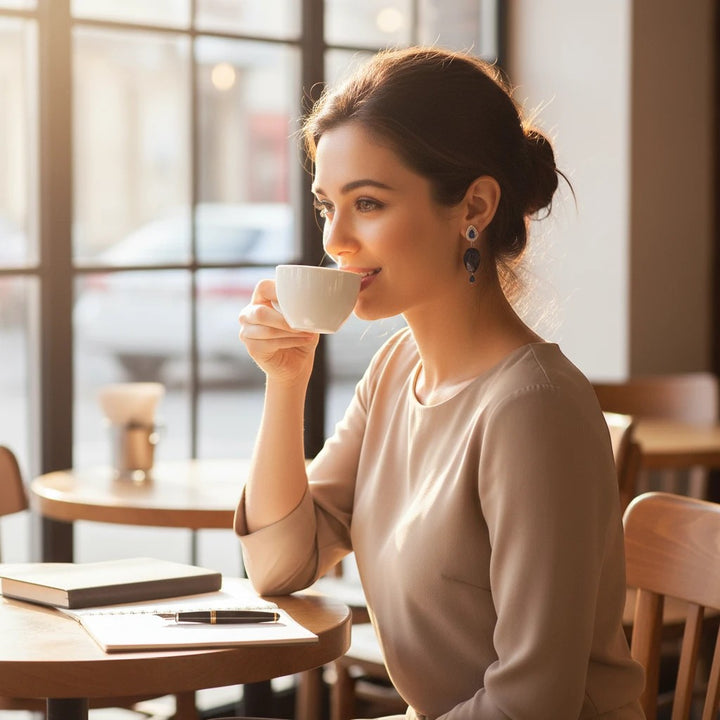 Niz & Aly lapis lazuli drop earrings worn by a woman drinking coffee in a cafe