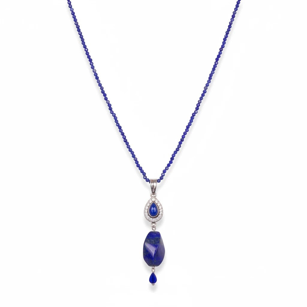 Niz & Aly Lapis Lazuli Delicate Drop Set featuring a beaded blue necklace with a polished gemstone pendant.