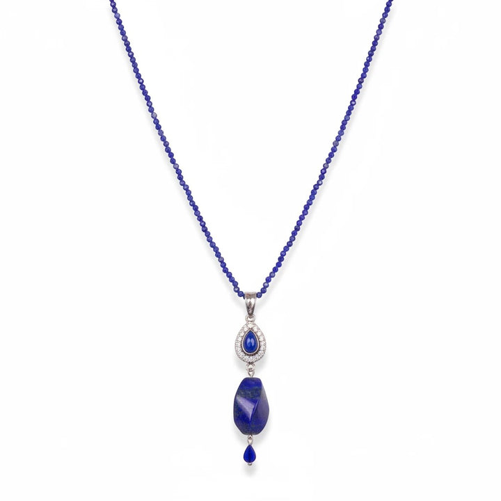 Niz & Aly Lapis Lazuli Delicate Drop Set featuring a beaded blue necklace with a polished gemstone pendant.