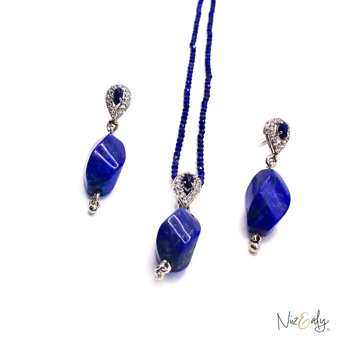 Niz & Aly lapis lazuli tear drop pendant and earring set with delicate blue beaded string and silver accents