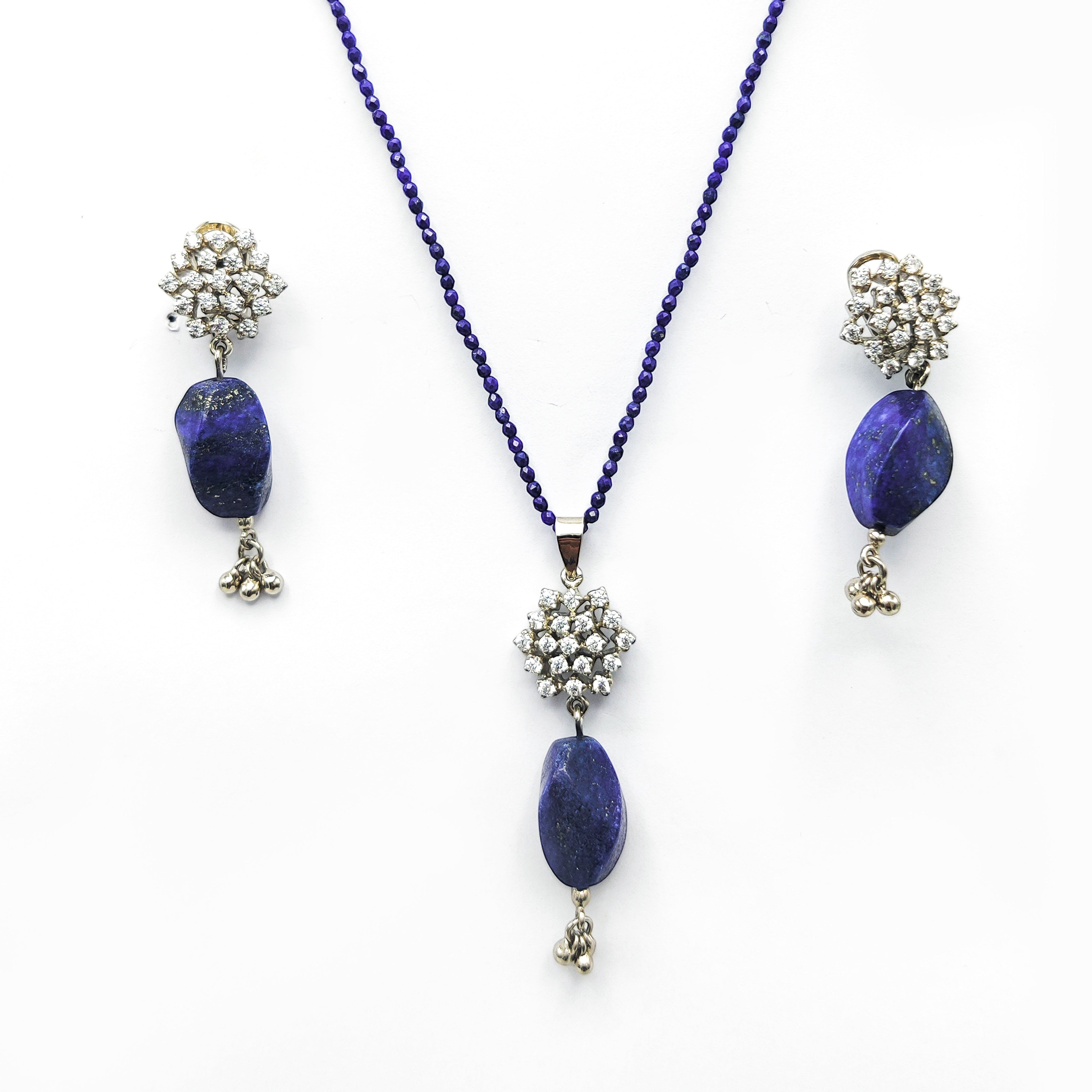 Niz & Aly lapis lazuli pendant on beaded string with matching drop earrings featuring crystal floral accents